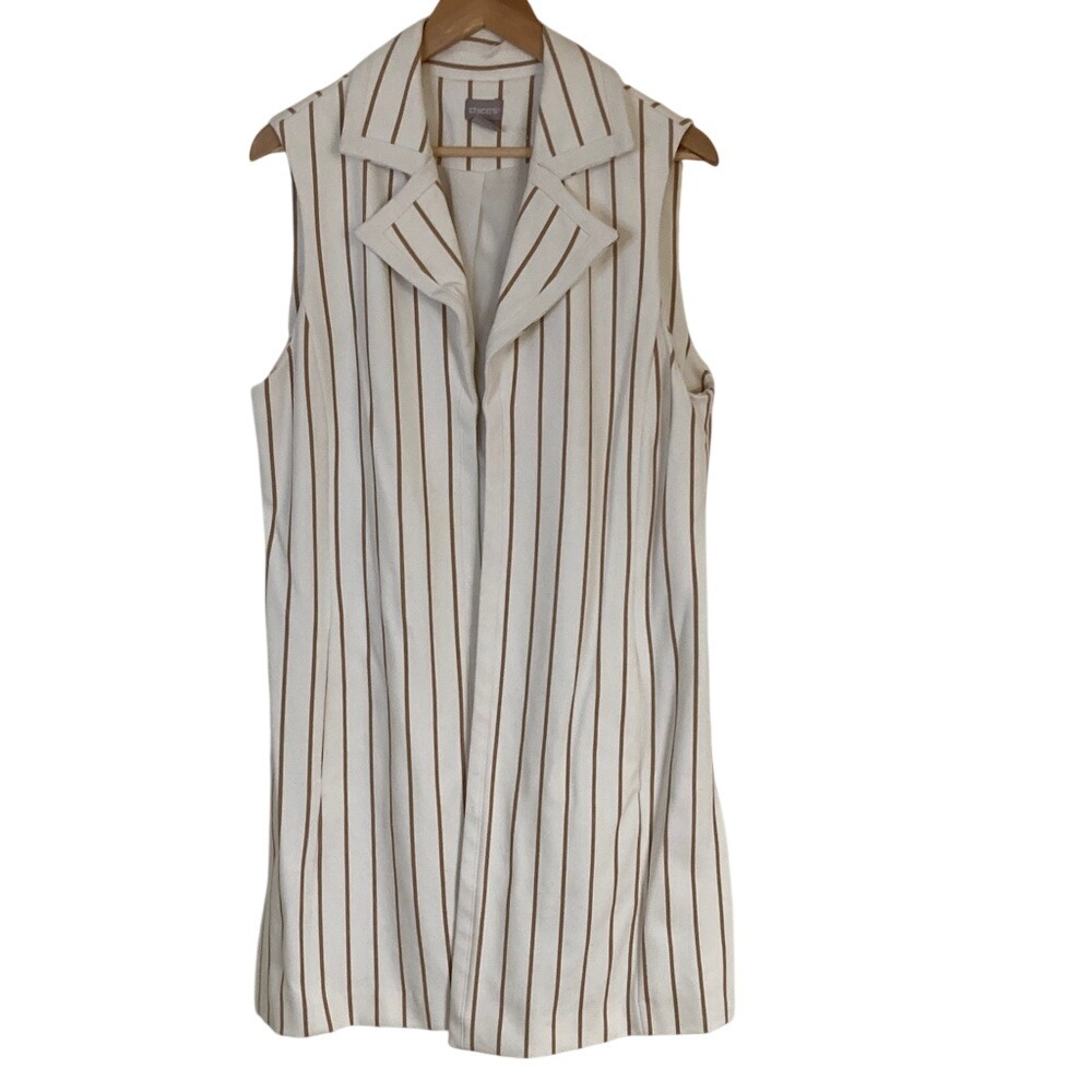 Chicos Womens Elongated Sleeveless‎ Tan Striped Vest Duster Size Large Classy
